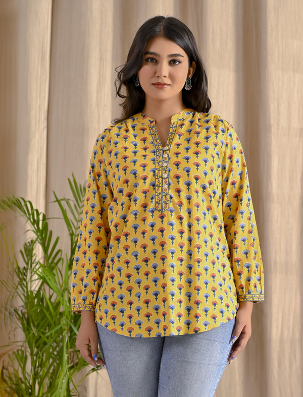 Multi Yellow Butti Cotton Top With Front Buttons