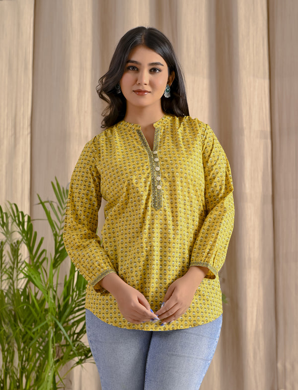 Yellow Butti Cotton Top With Front Buttons