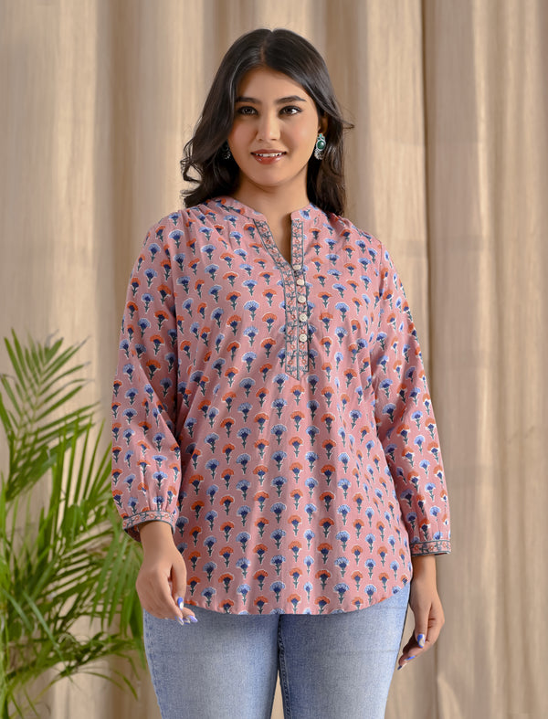 Mauve Butti Cotton Top With Front Buttons