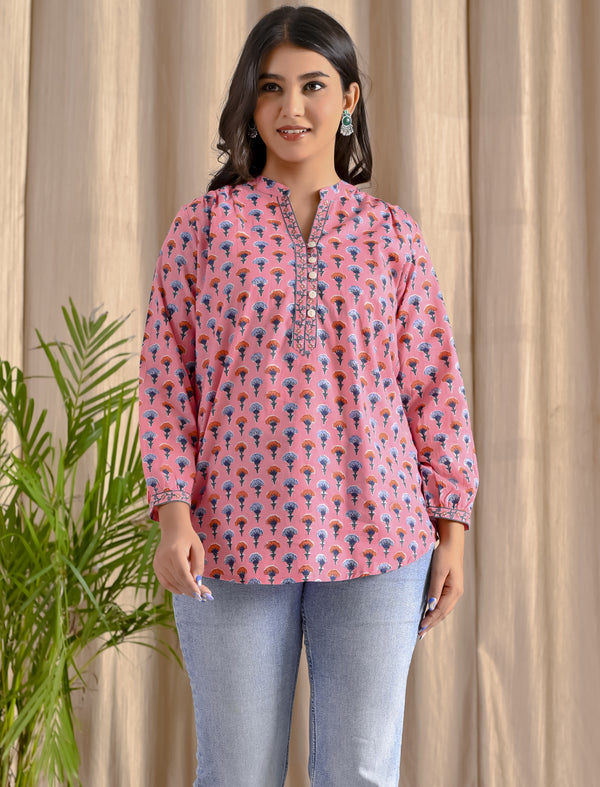Pink Butti Cotton Top With Front Buttons