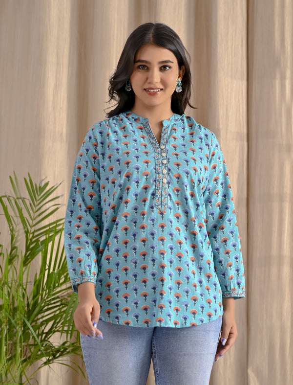 Blue Butti Cotton Top With Front Buttons