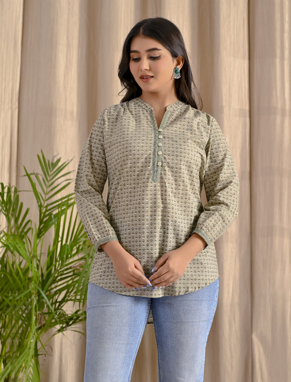 Grey Butti Cotton Top With Front Buttons