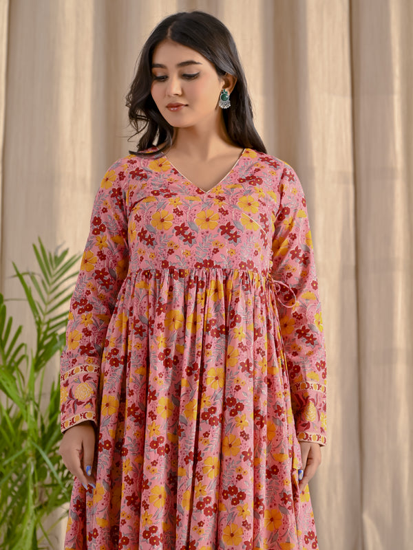 Pink Jaal Printed Angrakha Long Dress With Flare