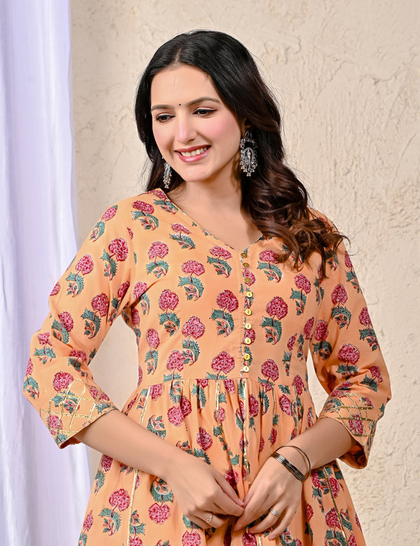 Orange Block Printed Cotton Sharara Set For Women