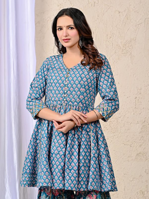Blue Block Printed Cotton Sharara Set For Women