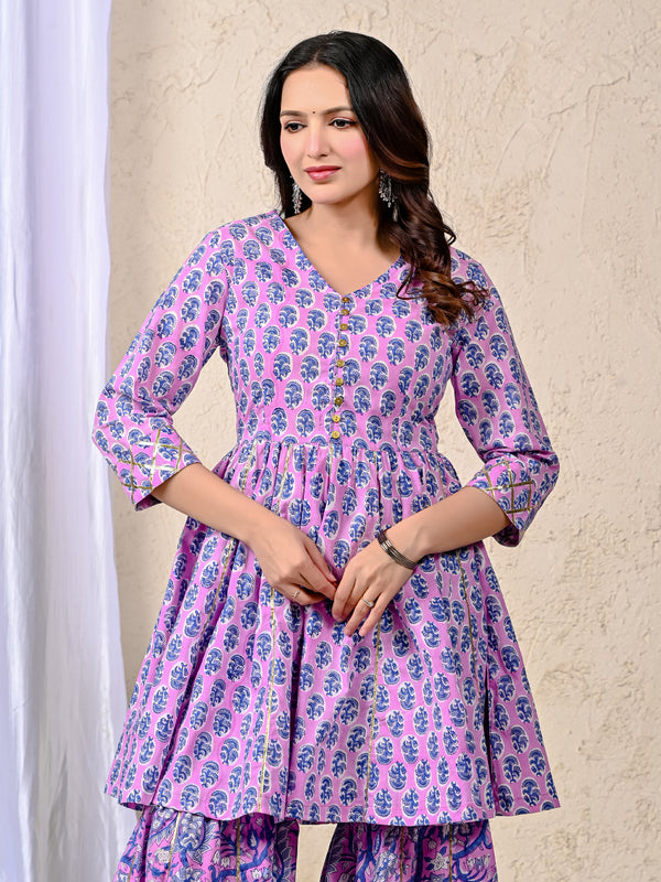Purple Block Printed Cotton Sharara Set For Women