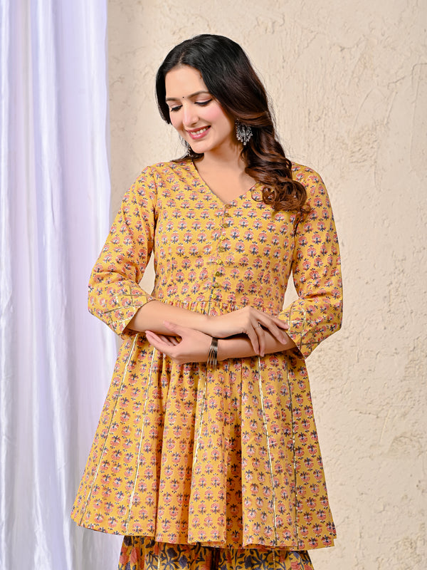 Yellow Block Printed Cotton Sharara Set For Women