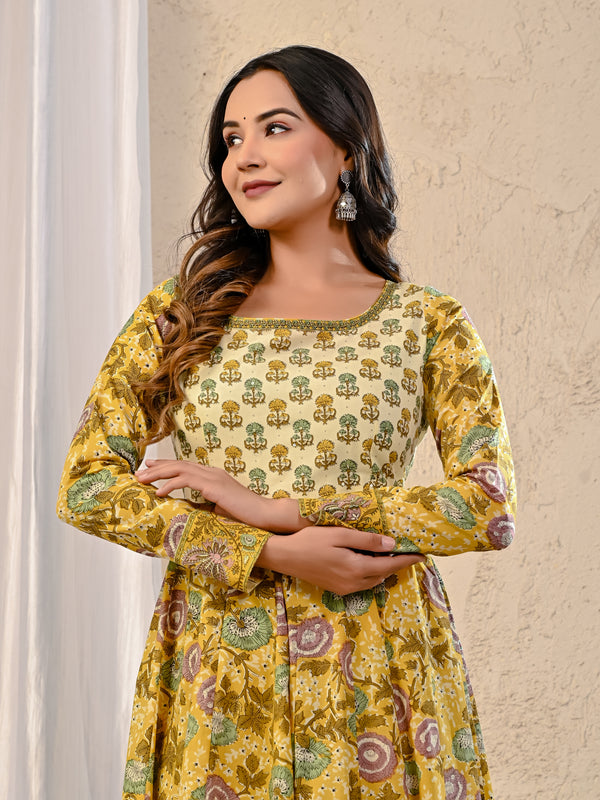 Yellow Jaal Printed Cotton Long Dress