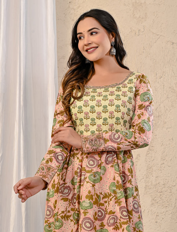 Peach Jaal Printed Cotton Long Dress