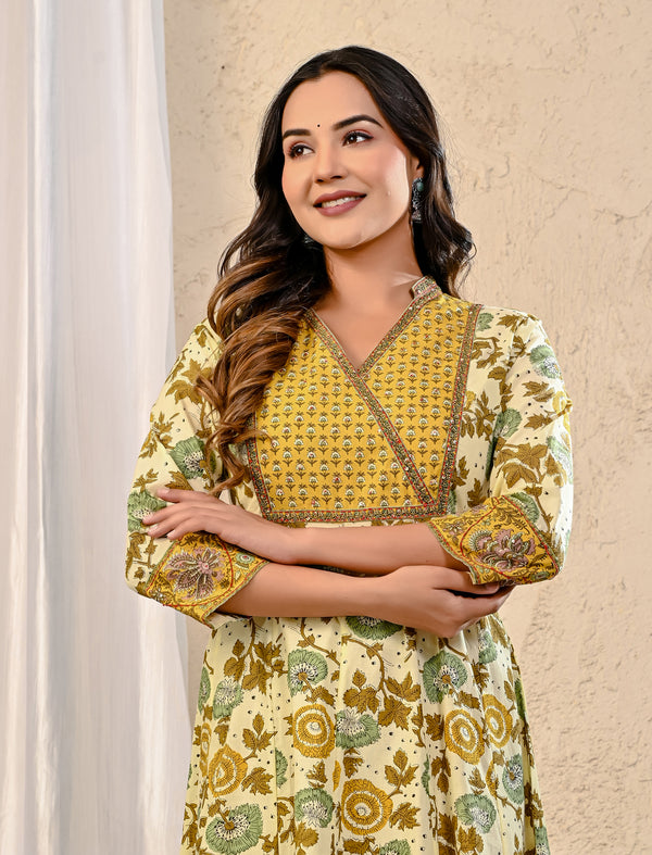 Cream Yellow Cotton Jaal Printed Long Dress
