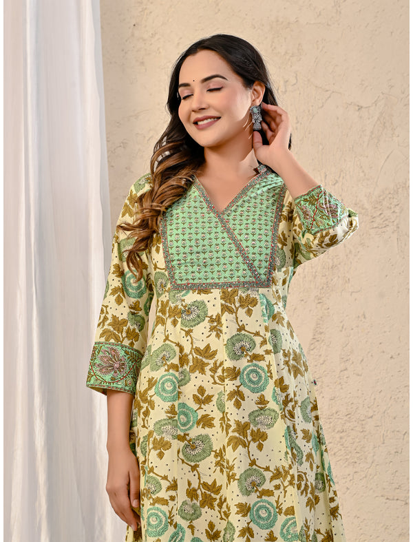 Cream Pista Cotton Jaal Printed Long Dress