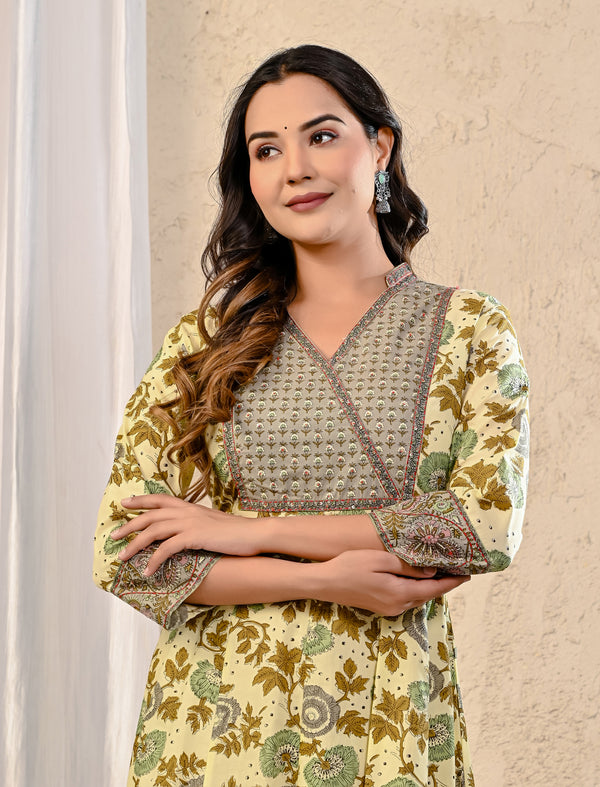 Cream Grey Cotton Jaal Printed Long Dress