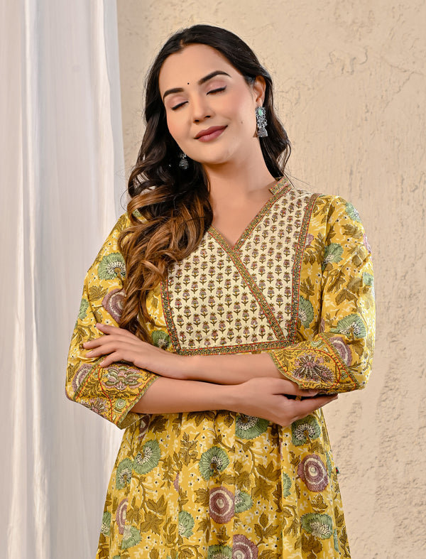 Yellow Cream Cotton Jaal Printed Long Dress