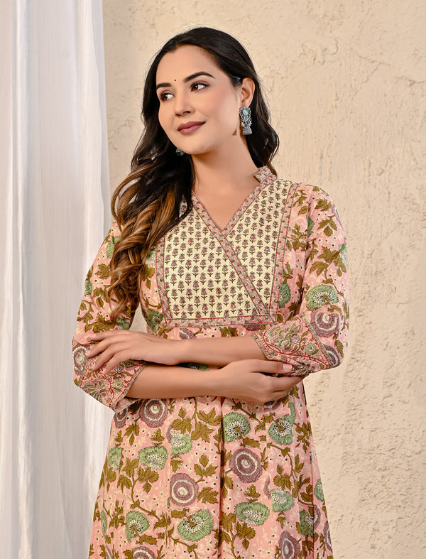 Peach Cream Cotton Jaal Printed Long Dress