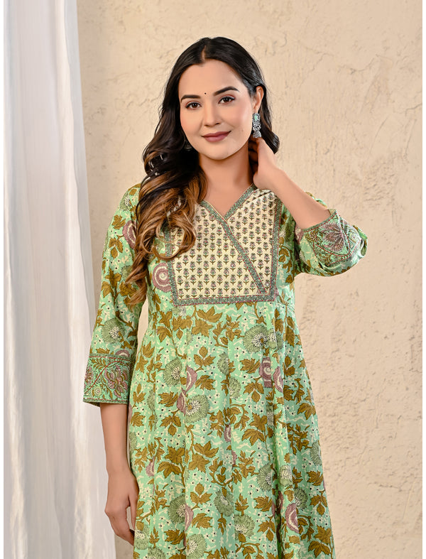 Pista Cream Cotton Jaal Printed Long Dress