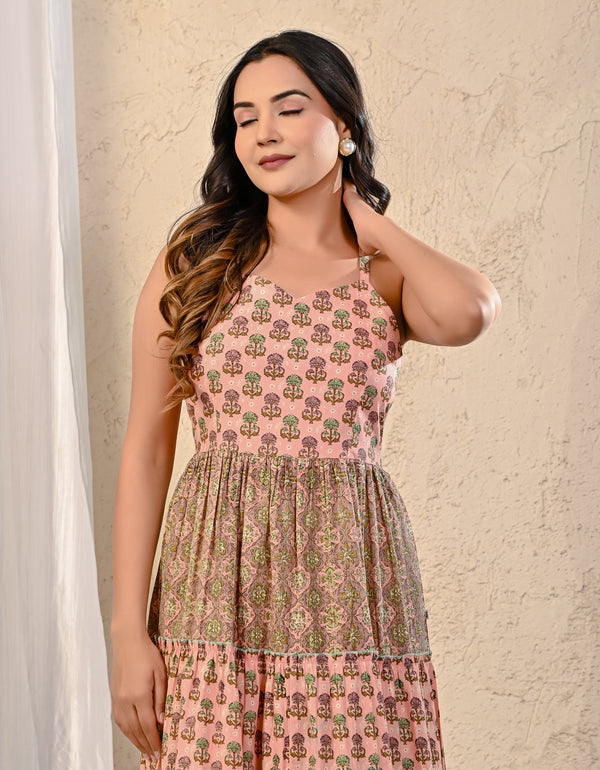 Peach Printed Strap Shoulder Long Cotton Dress