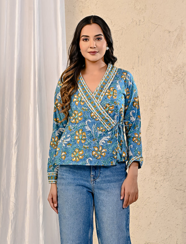 Blue Jaal Block Printed Top With Side Dori