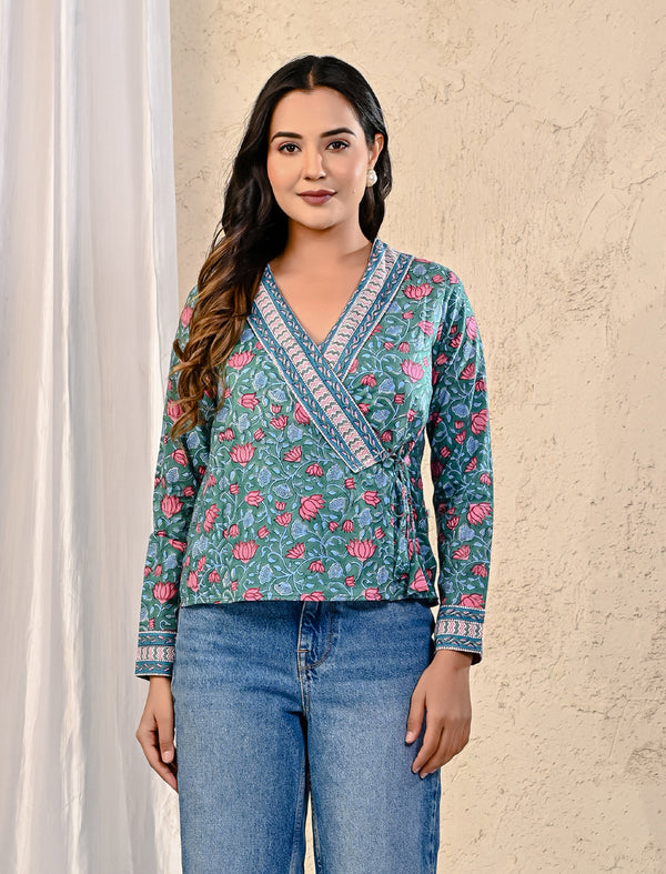 Green Jaal Block Printed Top With Side Dori
