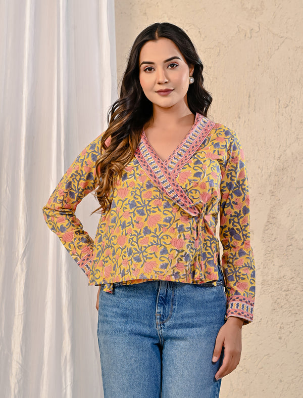 Yellow Jaal Block Printed Top With Side Dori