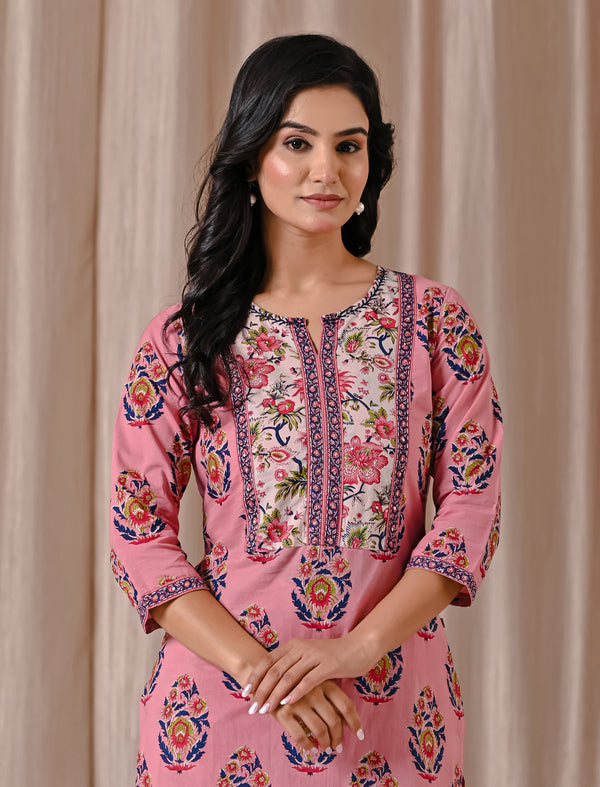 Pink Butta Block Printed Straight Fit Kurta Afghani Set