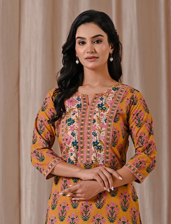 Mustard Butta Block Printed Straight Fit Kurta Afghani Set
