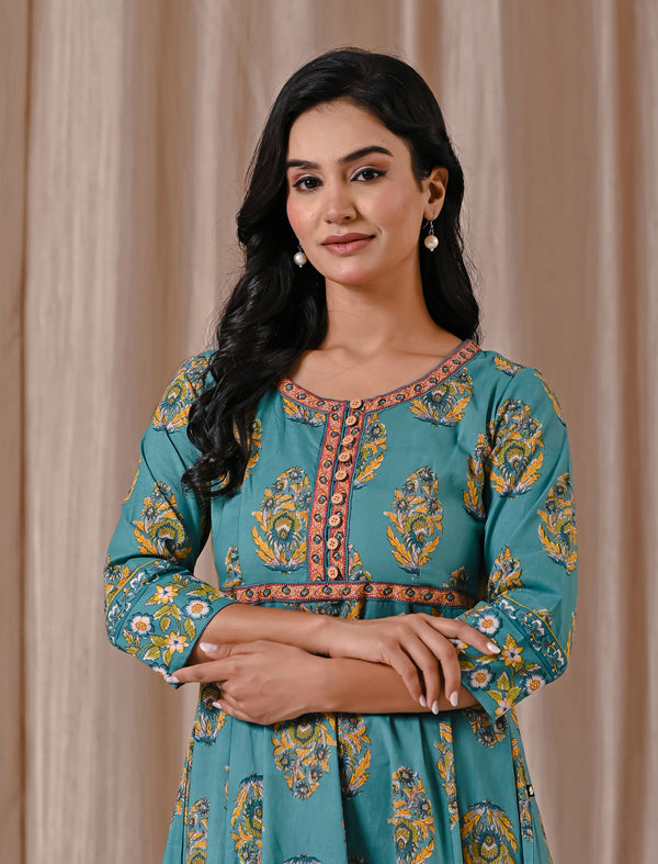 Sea Blue Butta Block Printed Cotton Dress With Buttons