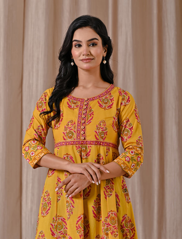 Yellow Butta Block Printed Cotton Dress With Buttons