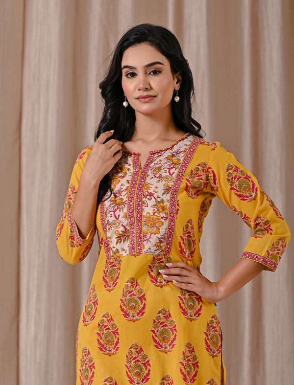 Yellow Butta Block Printed Straight Fit Kurta Afghani Set