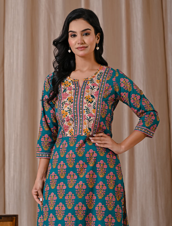 Teal Blue Butta Block Printed Straight Fit Kurta Afghani Set