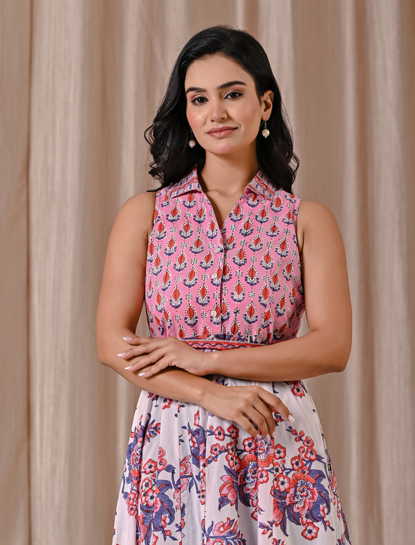 Pink White Block Printed Sleeveless Dress With Collar Neck