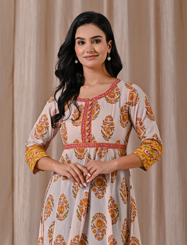 Grey Yellow Butta Block Printed Cotton Dress With Buttons