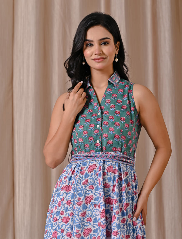 Sea Green White Block Printed Sleeveless Dress With Collar Neck