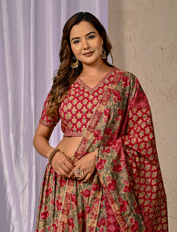 Ethnic Red Cotton Printed Lehenga
