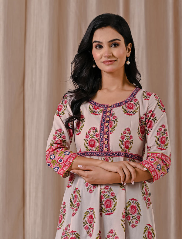 Grey Pink Butta Block Printed Cotton Dress With Buttons