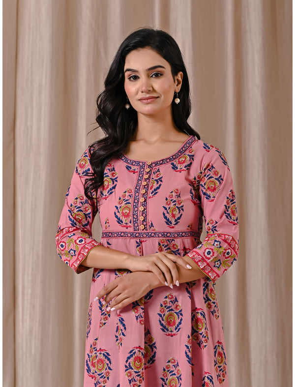 Pink Butta Block Printed Cotton Dress With Buttons