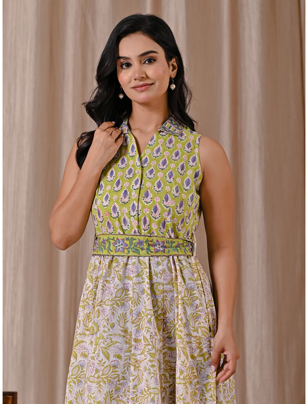 Light Green White Block Printed Sleeveless Dress With Collar Neck
