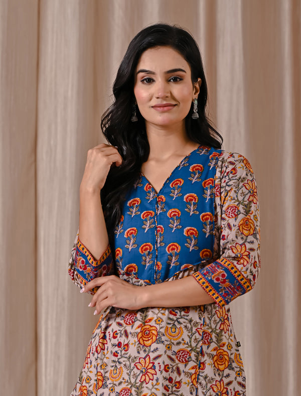 Grey Blue Butta Block Printed Cotton Straight Kurti