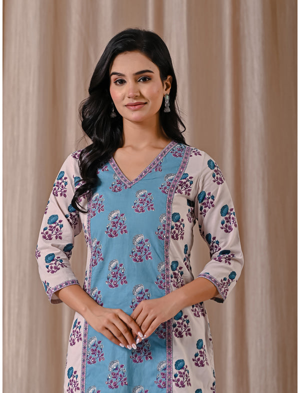 Grey Blue Block Printed Cotton Straight Fit Kurti