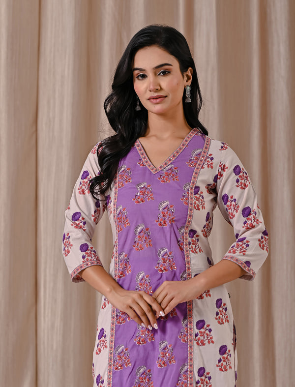 Grey Purple Block Printed Cotton Straight Fit Kurti