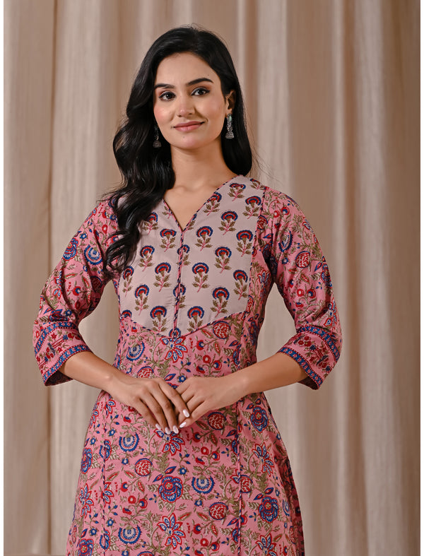 Pink Jaal Block Printed Cotton Straight Kurti