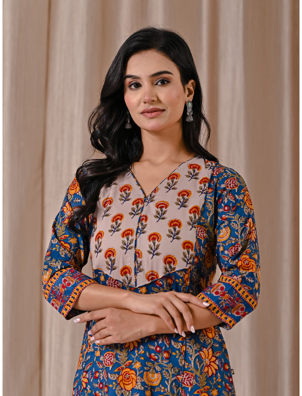 Blue Jaal Block Printed Cotton Straight Kurti