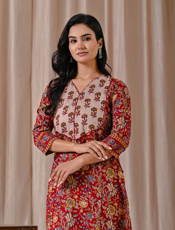 Red Jaal Block Printed Cotton Straight Kurti