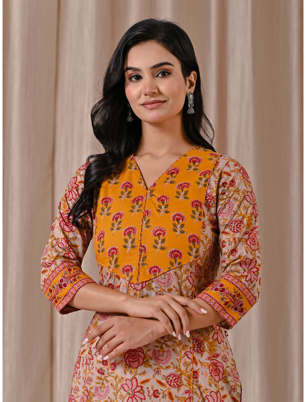 Beige Jaal Block Printed Cotton Straight Kurti