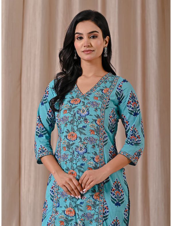 Sea Blue Block Printed Cotton Straight Fit Kurti