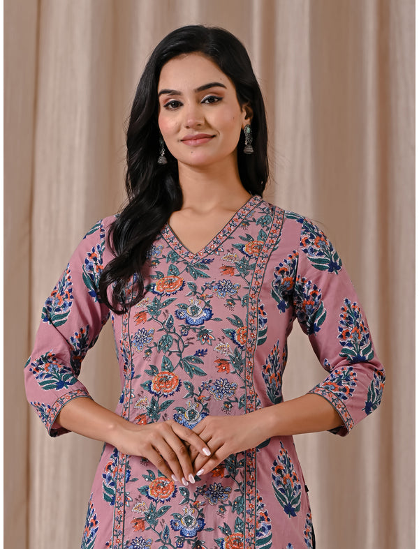 Mauve Block Printed Cotton Straight Fit Kurti