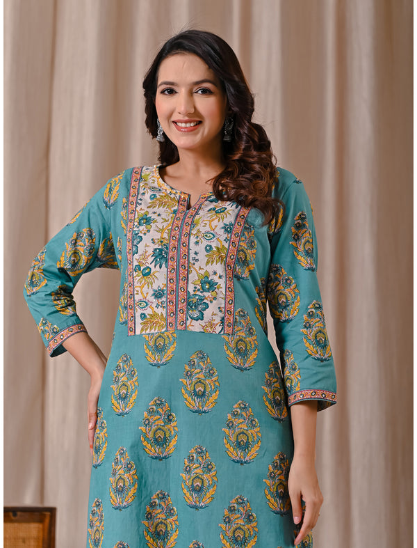 Cyan Butta Block Printed Straight Fit Kurta Afghani Set