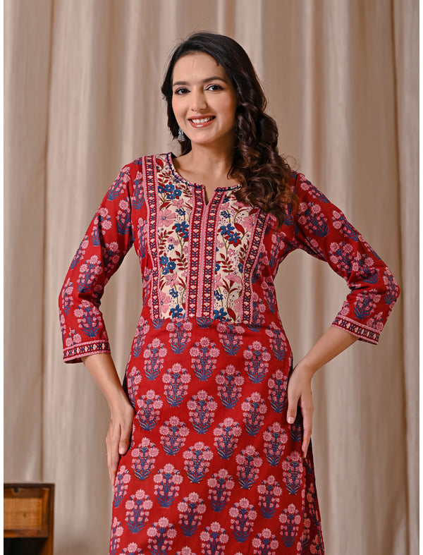 Red Butta Block Printed Straight Fit Kurta Afghani Set