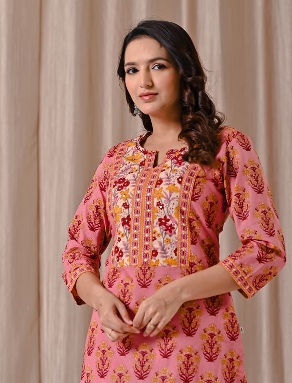 Peach Butta Block Printed Straight Fit Kurta Afghani Set