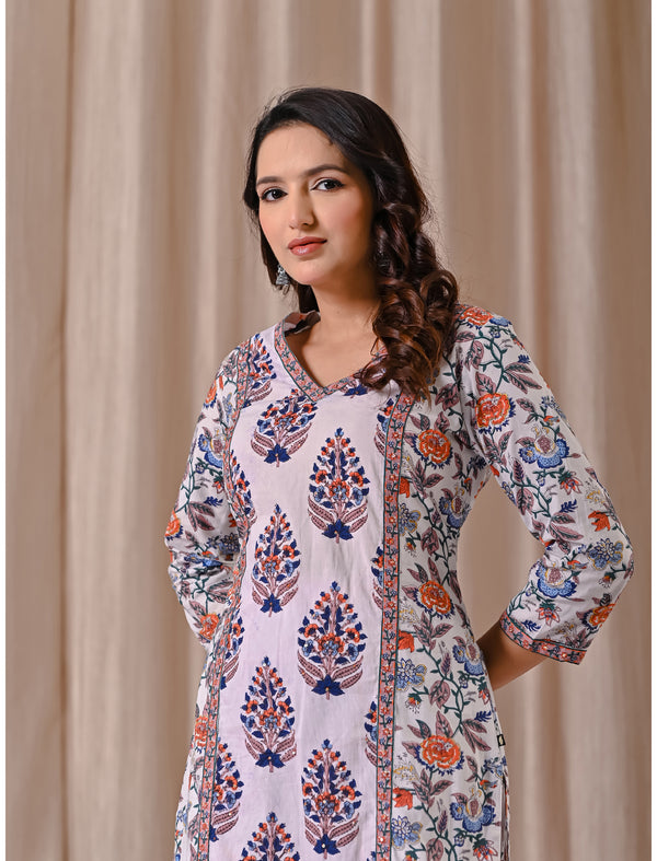 White Butta Block Printed Cotton Straight Fit Kurti