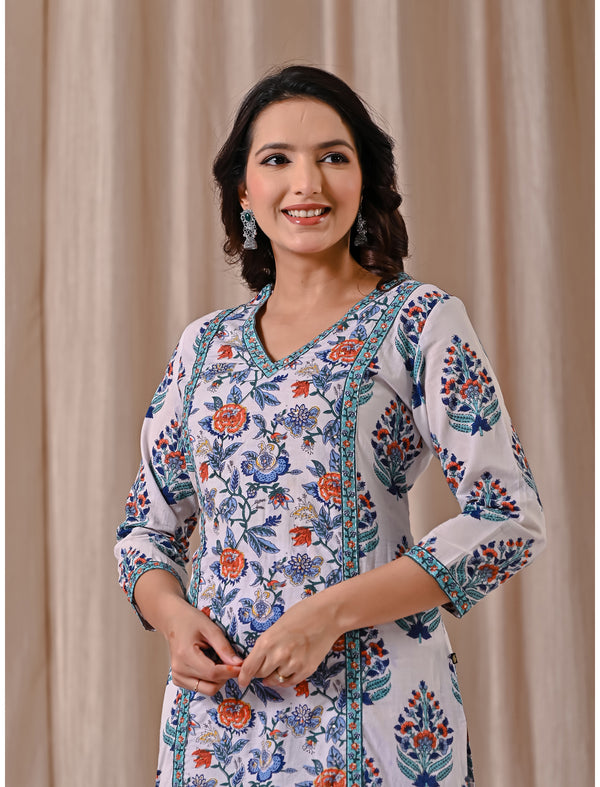 White Jaal Block Printed Cotton Straight Fit Kurti